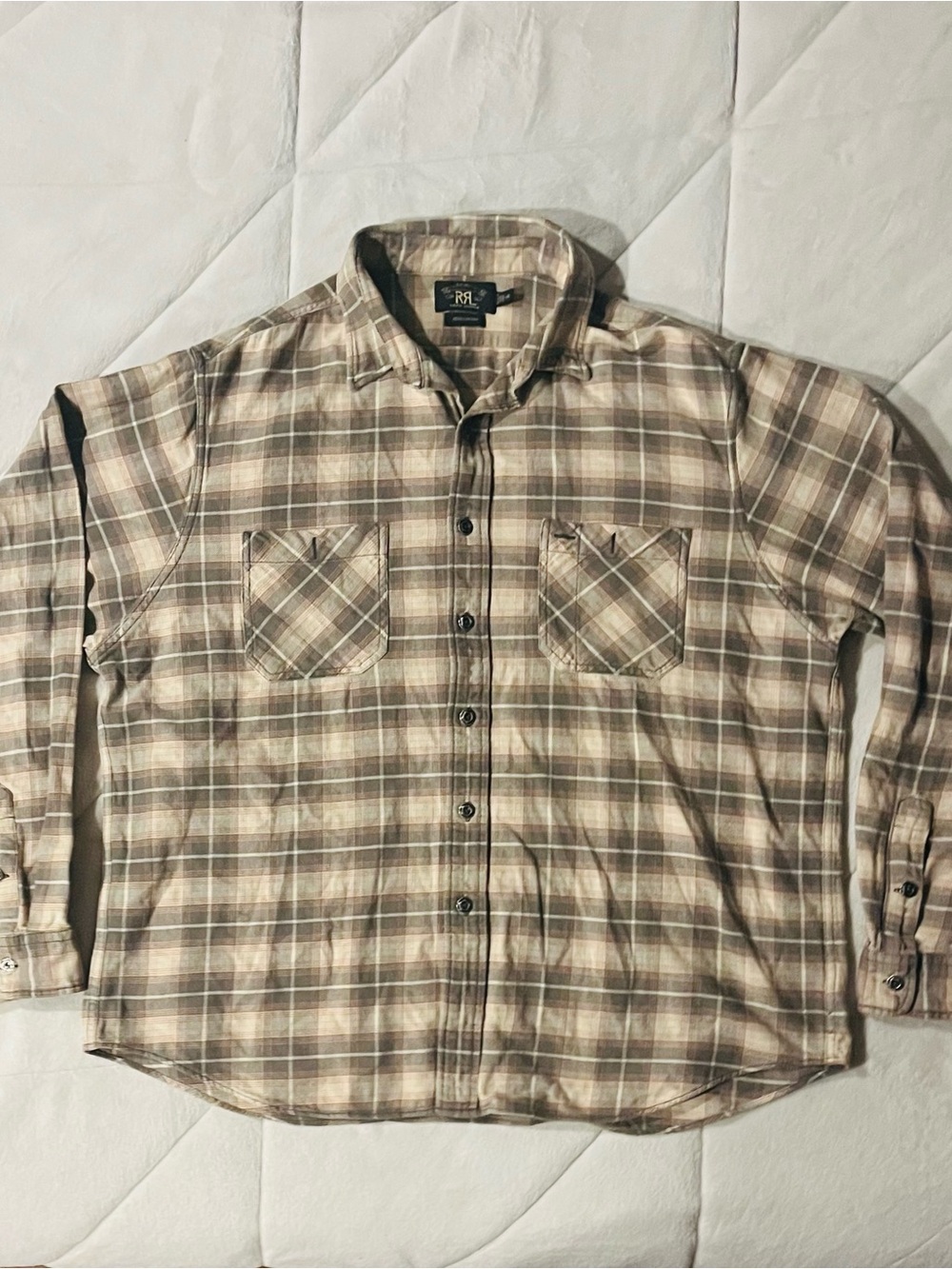 Ralph Lauren Double RRL Plaid Olive Brown Flannel Button Shirt Men’s Size XXL